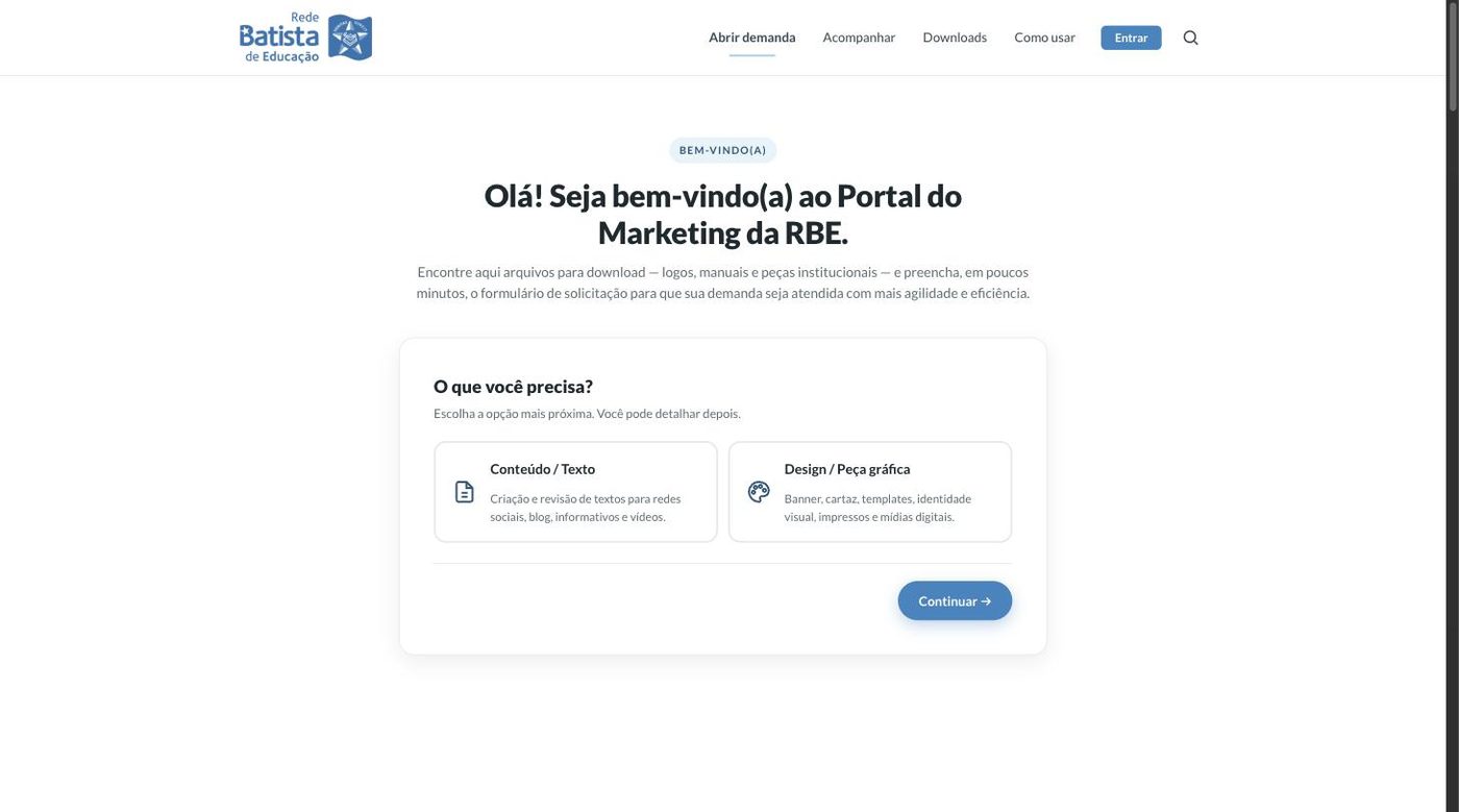 Página inicial do portal com os cartões Conteúdo/Texto e Design