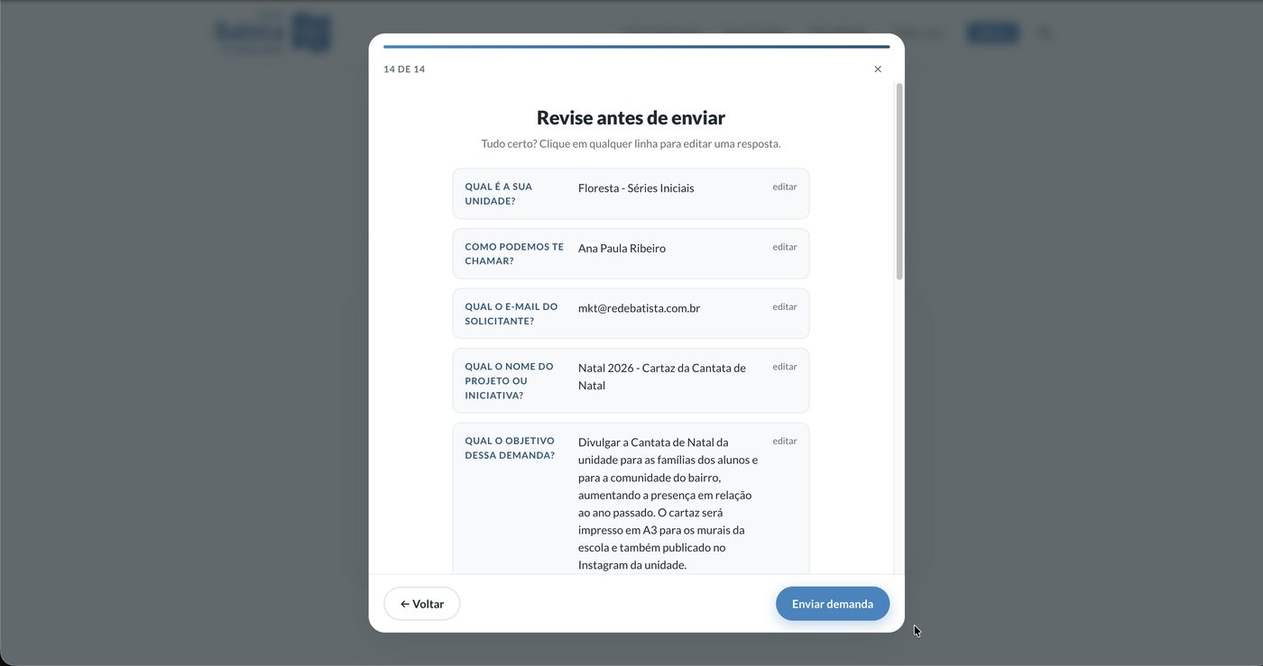 Tela de revisão com todas as respostas antes do envio