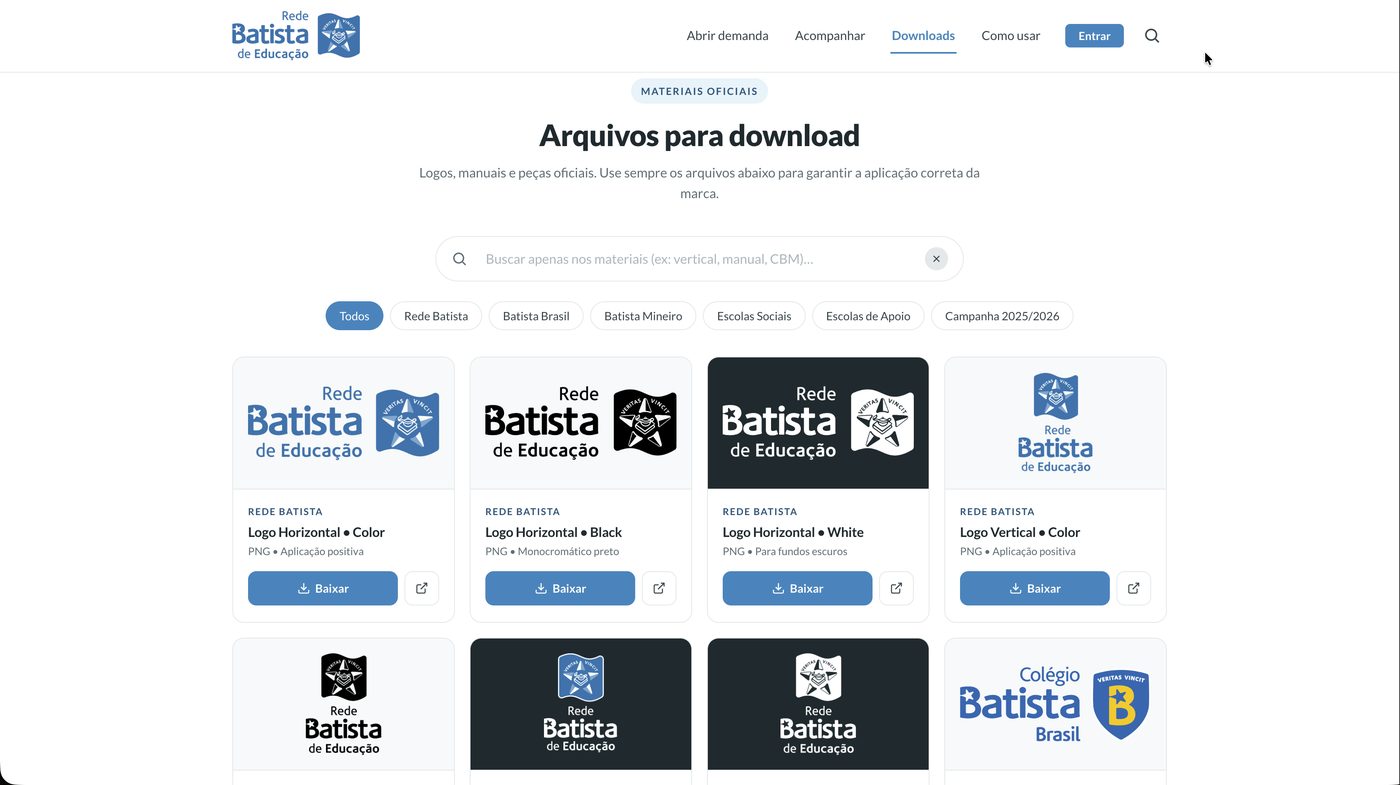 Seção de downloads com busca, filtros por rede e grade de logos