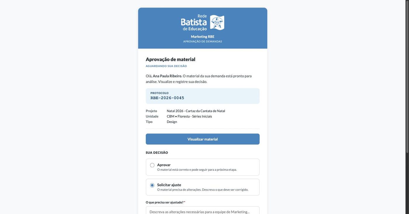 Tela de decisão do portal com as opções Aprovar e Solicitar ajuste
